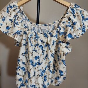 A New Day Cream and Blue Floral Blouse Off-Shoulder Crop Top Sz Small